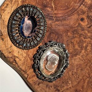 Vintage Brooch Duo — Classic Cameo & Blue Statement Pin Set